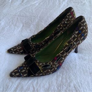 Vintage Richard Tyler Tweed Wool Brown Plaid Tartan Velvet Bow Ribbon Heels Y2K